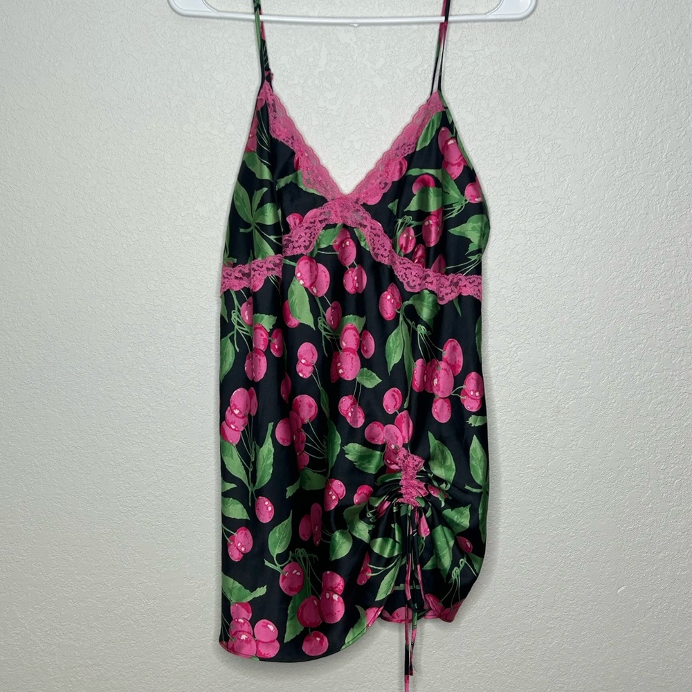 Vintage Victoria's Secret Black Cherry-Print Slip top with Pink Lace